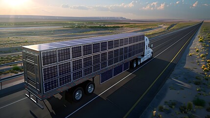 Solar Panels Powering Semi-Truck on New Mexican Highway at Sunset