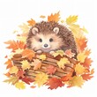 Hedgehog cautiously peeking out from a pile of autumn leaves eyes sparkling with curiosity