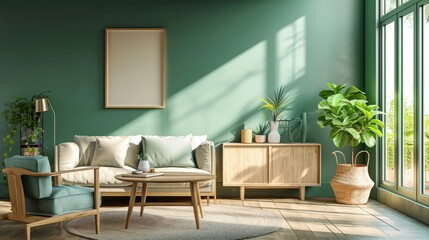 Wall Mural - Cozy modern living space with green armchair near a white couch, wooden desk, and round coffee table over wooden floor on a green wall. Scandinavian modern house interior