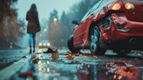 Fototapeta  - A somber scene captures a car's backend severely damaged in a crash on a wet street as a woman walks away in rain