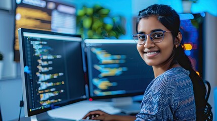 Indian woman is smiling while sitting in front of two computer monitors work in office
