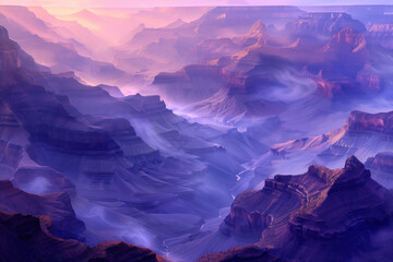 Poster - Misty Canyon. Surreal colorful landscape inspired by Grand Canyon. Abstract colorful background image. Created with Generative AI technology