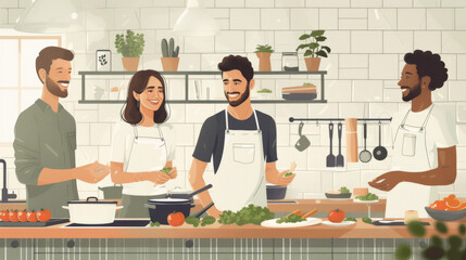 Wall Mural - Illustration of young people in a kitchen cooking