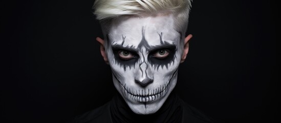 Sticker - A man in skeletal makeup gazes at the camera, his jaw accentuated by the dark costume sleeve. This fictional character embodies art and darkness in a haunting event