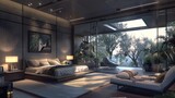 Fototapeta  - A luxurious contemporary bedroom with floor-to-ceiling windows, a cozy reading nook, and elegant decor, offering a serene retreat in breathtaking