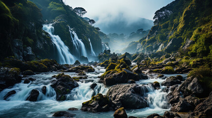 Wall Mural - A majestic waterfall, with foamy laughter, like a thunderous voice of mountains, shakin