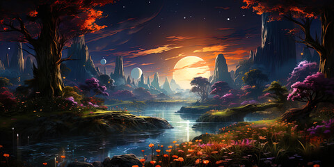 Poster - A planet covered with magic forests and luminous plants, like a luminous oasis in the darkness