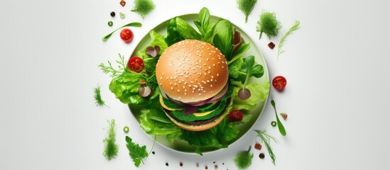 Poster - A hamburger dish made with lettuce, tomatoes, and a plantbased patty served on a plate. This recipe combines natural foods for a delicious plantbased cuisine