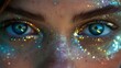 Extreme close-up of captivating blue eyes enhanced with colorful, festive glitter makeup and vibrant sparkles.