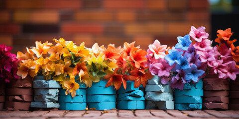 Wall Mural - Bright bricks filling the wall with fresh flowers and shades, like a colorful carpet spread unde