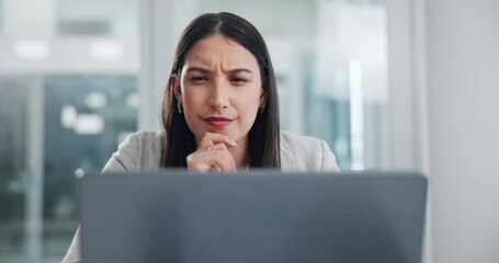 Poster - Business, thinking and woman with a laptop, problem solving and brainstorming with online reading or solution. Person, publisher or editor with ideas or planning for a project with choice or decision