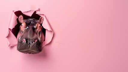 A dynamic composition featuring a hippo head tearing through a sheet of pink paper, depicting energy and liberation