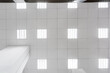 © hiv360 - cassette stretched or suspended ceiling with square halogen spots lamps and drywall construction in empty room in house or office. Looking up view