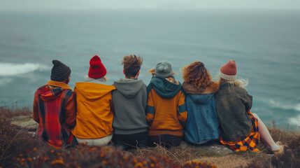 Tight-knit friends overlooking the ocean on a chilly day.