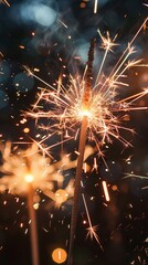Wall Mural - close-up of bright bruning sparklers in the night