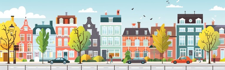 Wall Mural -  city street scene, vector, flat, day time