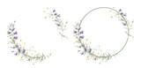 Fototapeta  - Wreath of yellow buttercup and white little flower and violet bluebell. Watercolor hand painting illustration on isolate. Circlet of meadow flowers. Botanical summer wildflower.