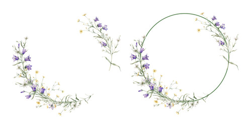 Wall Mural - Wreath of yellow buttercup and white little flower and violet bluebell. Watercolor hand painting illustration on isolate. Circlet of meadow flowers. Botanical summer wildflower.