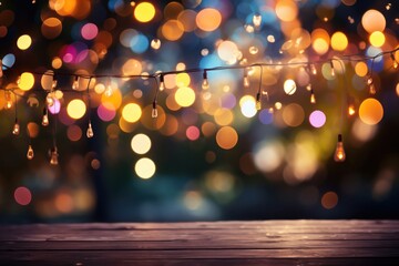 Poster - Wooden Table Adorned With String Lights Generative AI