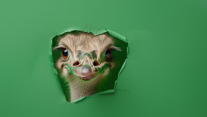 A digital art piece showcasing a smiling ostrich peeking from a hole in green paper, implying joy and humor