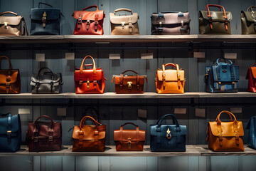 Poster - retail warehouse, designer bags on wooden shelves,