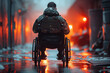 back of a lonely military disabled soldier man in a invalid wheelchair on a walk in street in city