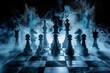 Chess figures on a dark background with smoke and fog. Epic chess game illustration. Chess game concept. Chess pieces on a chessboard, blurred background.