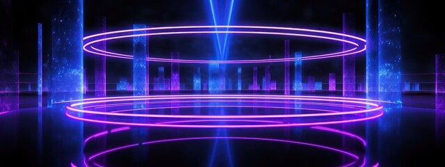 Aufkleber - vibrant purple and black background with circles and neon lights generative ai