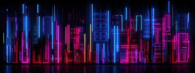 Aufkleber - dark background illuminated by neon lines and buildings generative ai