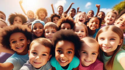 Group of Multi-ethnic children looking at camera and posing together. Diverse different cool school students boys and girls wide angle. Concept diversity and inclusion