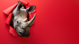 Fototapeta  - An impactful shot of a rhino emerging from a ruptured red paper, evoking a sense of breakthrough