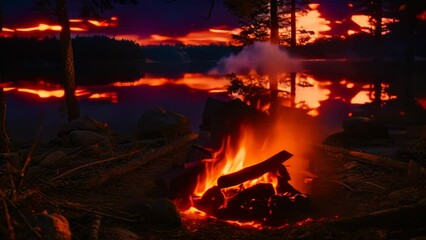 Poster - Bonfire in the forest at sunset. Camping on the lake, Wild campfire in a national park in Sweden, AI Generated