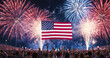 American citizens carry the US national flag, light fireworks and cheer for the Independence Day celebration. 