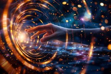 First contact, with hand touching spinning vortex of light particles, neuronal network concept