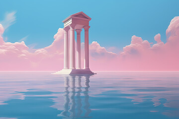 Poster - Surreal vaporwave landscape with abstract architecture elements on the water. Dreamy landscape.