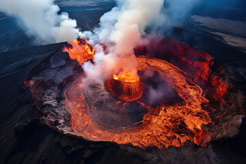 Wall Mural - volcano eruption from a bird view. volcano crater and magma flow shot from above. genertated ai.