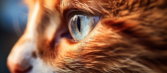 Wall Mural - A closeup shot capturing the beautiful blue eye of a Felidae cat, showcasing its long eyelashes, whiskers, and furry snout. A captivating wildlife art event