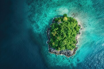 Wall Mural - An aerial view of a small island situated in the middle of the expansive ocean, showcasing the isolated landmass surrounded by water, A top-down view of a remote tropical island, AI Generated