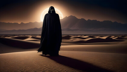 Wall Mural - a man stands in the desert with the moon in the background.
