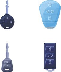 Poster - Wireless key icons set cartoon vector. Keyless vehicle entry device. Automobile protection, modern technology