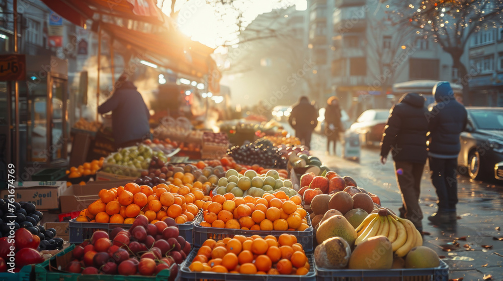 Sunrise over an urban street fruit market bustling with shoppers and ...