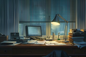 Aufkleber - A cluttered desk featuring a lamp, computer, phone, and various office supplies, A tranquil art piece of an accountant's desk at the end of the day, AI Generated