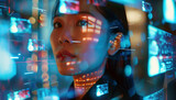 Fototapeta  - Close-up of businesswoman surrounded by 3D holograms with messages, data concept.