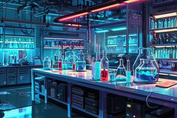 Poster - A lab with shelves and countertops covered in multiple bottles filled with different liquids, A vibrant depiction of a biotechnology lab, AI Generated