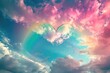 A heart-shaped cloud floats in the sky with a vibrant rainbow beneath it, A vibrant rainbow ending in heart-shaped clouds, AI Generated