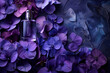 Elegant perfume bottle among purple hydrangeas