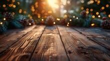 Wooden background with christmas decorations and bokeh lights