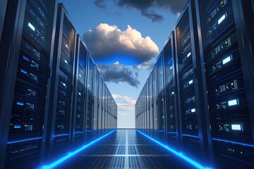 Poster - Multiple server racks filled with rows of servers in a modern and efficient server room, A visual interpretation of secure cloud storage, AI Generated