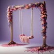 The swing's ropes are entwined with ribbons of lavender and rose petals, swaying with the gentle breeze, creating a mesmerizing dance of colors and scents.
