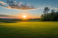 The Sun Is Setting Behind The Horizon, Casting A Warm Glow Over The Sprawling Green Golf Course, A Beautiful Sunset Over A Pristine Golf Course, AI Generated
